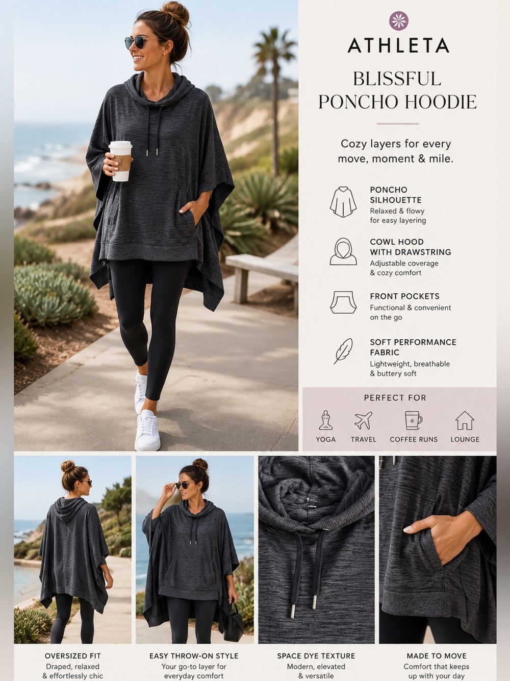 Athleta Blissful Poncho Hoodie Womens L Gray Space Dye Oversized Cowl Neck - Picture 2 of 9